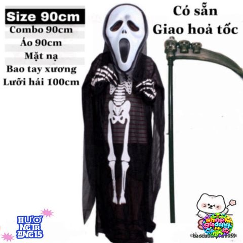 Bộ Trang Phục Hóa Trang Thần Chết Halloween - Áo Bộ Xương + Mặt Nạ Ma + Lưỡi Hái 1m - Phụ Kiện Cuốn Hút Cho Lễ Hội Ma Quái