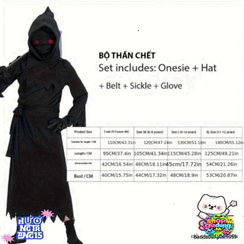 Bộ Trang Phục Hades Thần Chết Cho Trẻ Em - Halloween Độc Đáo với Lưỡi Hái và Mũ Thời Thượng, Phong Cách Huyền Bí