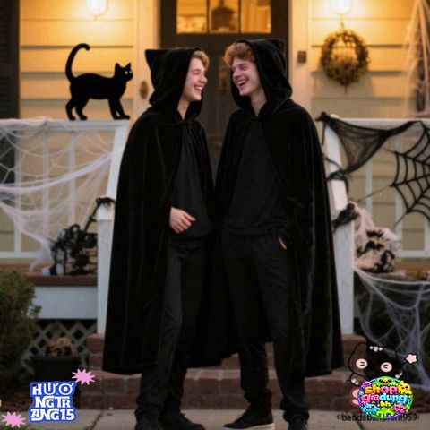 Áo Choàng Phù Thủy Halloween Đen Chất Liệu Polyester - Trang Phục Cosplay Độc Đáo, Kích Thước M-XXL