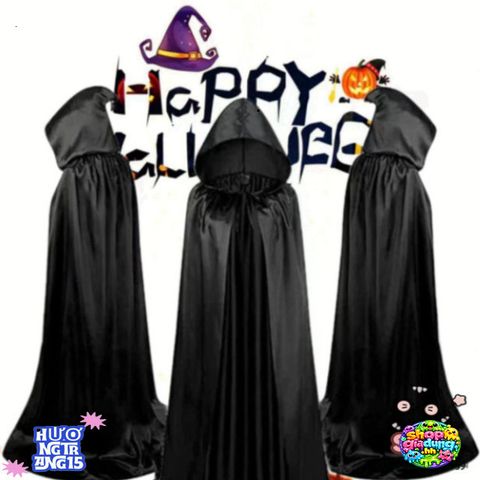 Áo Choàng Halloween Đen Phù Thủy - Trang Phục Cosplay Độc Đáo Cho Trẻ Em và Người Lớn, Kích Thước 90/120/140 cm