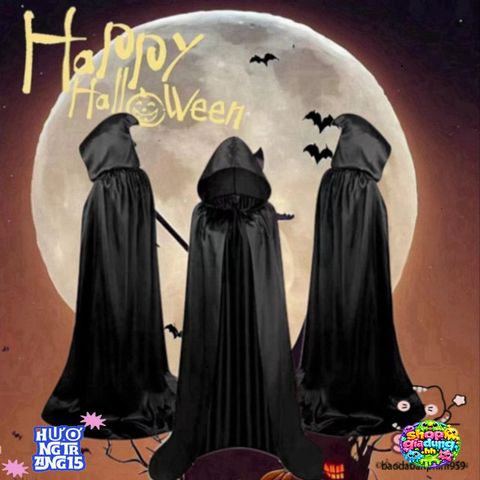 Áo Choàng Halloween Đen Phù Thủy - Trang Phục Cosplay Độc Đáo Cho Trẻ Em và Người Lớn, Kích Thước 90/120/140 cm