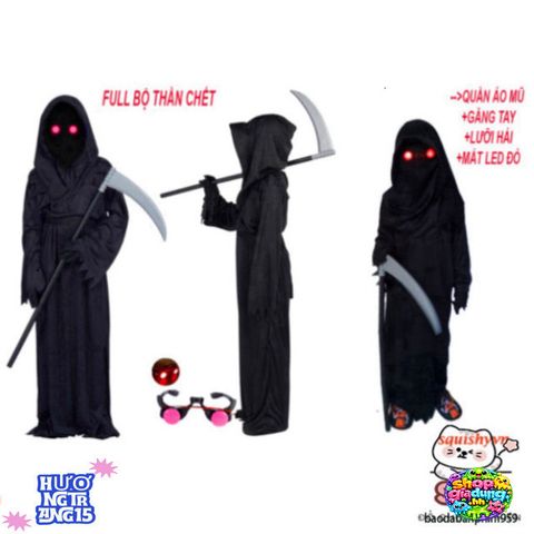 Bộ Trang Phục Thần Chết LED Halloween - Áo Choàng, Mũ, Găng Tay, Lưỡi Hái - Trang Phục Ma Mị Độc Đáo Cho Tiệc Hóa Trang