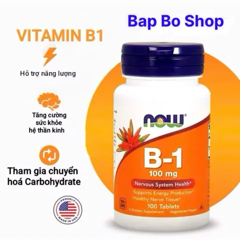Viên uống NOW Vitamin B1 100mg - Hỗ trợ thần kinh và tăng cường năng lượng, 100 viên, Thực phẩm bảo vệ sức khỏe Mỹ