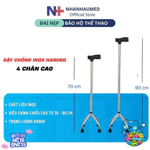 Gậy Chống Inox Haruko 1-3-4 Chân - Thiết Kế An Toàn Cho Người Già, Điều Chỉnh Chiều Cao, Đế Cao Su Chống Trơn, Quà Tặng Ý Nghĩa