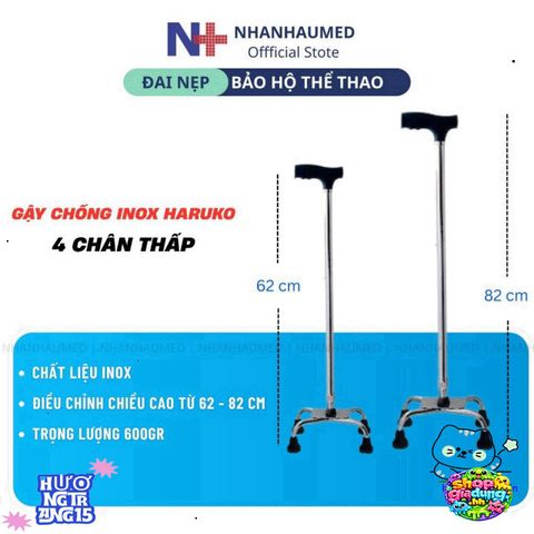 Gậy Chống Inox Haruko 1-3-4 Chân - Thiết Kế An Toàn Cho Người Già, Điều Chỉnh Chiều Cao, Đế Cao Su Chống Trơn, Quà Tặng Ý Nghĩa