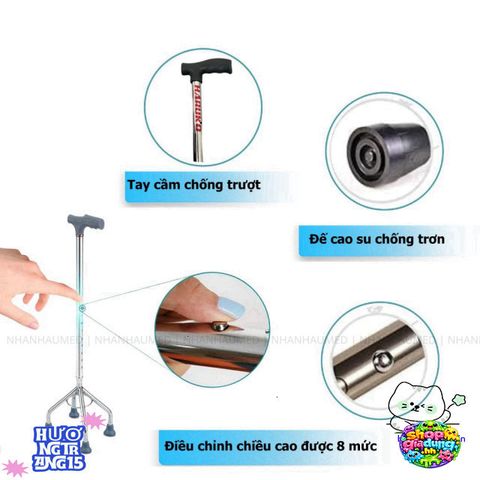 Gậy Chống Inox Haruko 1-3-4 Chân - Thiết Kế An Toàn Cho Người Già, Điều Chỉnh Chiều Cao, Đế Cao Su Chống Trơn, Quà Tặng Ý Nghĩa