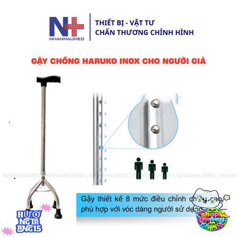 Gậy Chống Inox Haruko 1-3-4 Chân - Thiết Kế An Toàn Cho Người Già, Điều Chỉnh Chiều Cao, Đế Cao Su Chống Trơn, Quà Tặng Ý Nghĩa