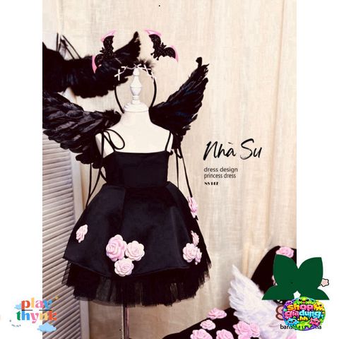 Đầm Cánh Đen Maleficent Cosplay Bé Gái với Cánh Thiên Thần và Cài Tóc Sừng - Trang Phục Đặc Biệt Cho Bé Yêu