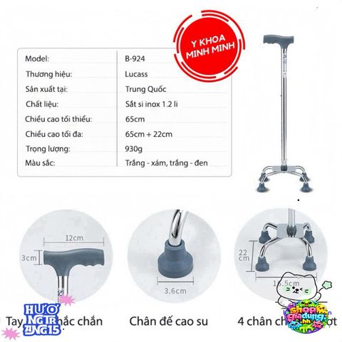 Giá Đỡ Lucass Đen B-924 B-926 B-932 - Gậy Đứng Tùy Chỉnh Chiều Cao - Phục Hồi Chức Năng Đi Lại Dành Cho Người Khuyết Tật