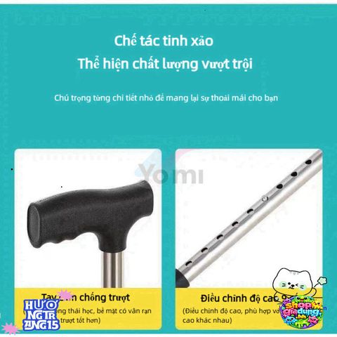 Gậy Chống Trượt Bốn Chân Điều Chỉnh 65-90 cm - Hỗ Trợ Đi Lại Cho Người Già, An Toàn Và Dễ Sử Dụng