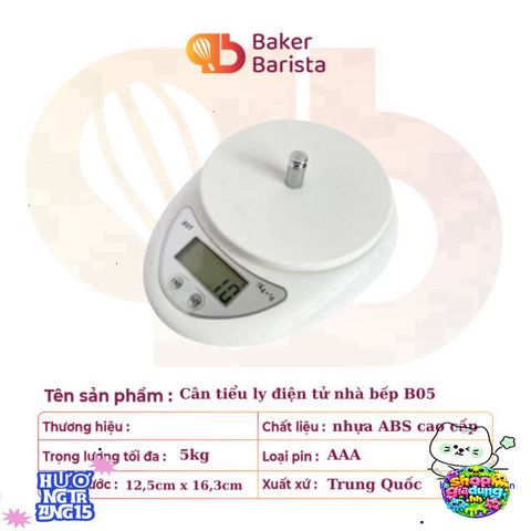 Cân Điện Tử Nhà Bếp B05 5kg - Chính Xác Đến Từng Gram, Màn Hình LCD, Kèm Pin Sạc - Dụng Cụ Làm Bánh & Nấu Ăn Tiện Dụng