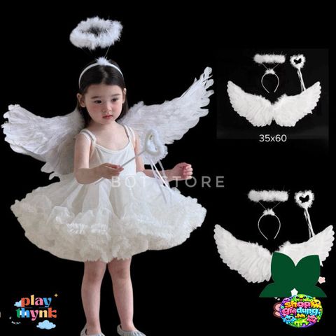 Bộ trang phục thiên thần 3 món cho bé - Cánh trắng, mũ và cây, phụ kiện thời trang siêu dễ thương, quà tặng hoàn hảo cho bé yêu.