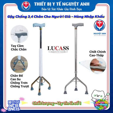 Gậy Đi Bộ Lucass Chống Giật 4 Chân Có Điều Chỉnh Chất Liệu Inox - Hỗ Trợ Người Cao Tuổi, Người Ốm, Phục Hồi Chức Năng