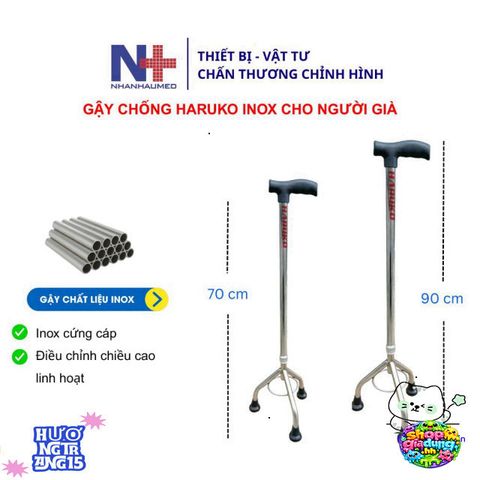Gậy Inox Haruko 3/4 Chân Điều Chỉnh Cao 70-90cm Cho Người Cao Tuổi - Gậy Hỗ Trợ Đi Lại An Toàn và Tiện Lợi