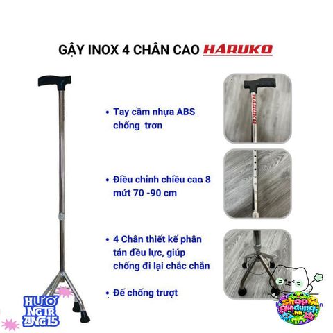 Gậy Inox Haruko 3/4 Chân Điều Chỉnh Cao 70-90cm Cho Người Cao Tuổi - Gậy Hỗ Trợ Đi Lại An Toàn và Tiện Lợi