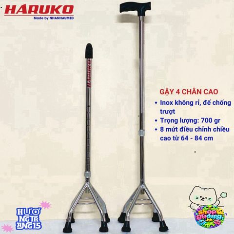 Gậy Inox Haruko 3/4 Chân Điều Chỉnh Cao 70-90cm Cho Người Cao Tuổi - Gậy Hỗ Trợ Đi Lại An Toàn và Tiện Lợi