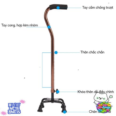 Gậy Chống 4 Chân Nhôm Điều Chỉnh 67-90cm Hỗ Trợ Người Cao Tuổi - Cứng Cáp, An Toàn Dùng Đi Lại