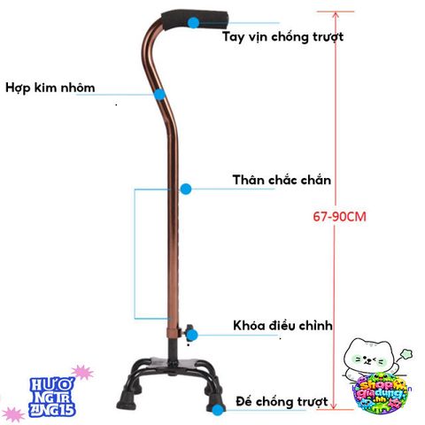 Gậy Chống 4 Chân Nhôm Điều Chỉnh 67-90cm Hỗ Trợ Người Cao Tuổi - Cứng Cáp, An Toàn Dùng Đi Lại