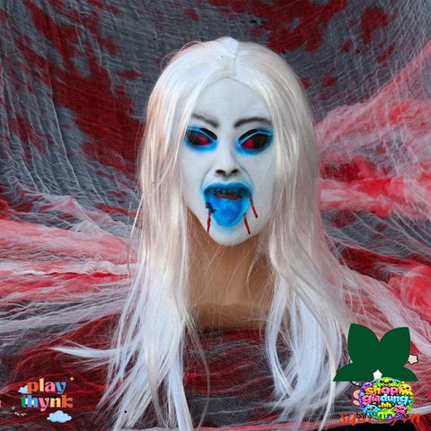 Mặt Nạ Halloween Tóc Bạc Máu - Mặt Nạ Hóa Trang Kinh Dị Dài Tóc Trắng Zombie Cho Tiệc Halloween, Trung Thu, Lễ Hội