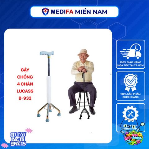 Gậy Chống Lucass BK32 Cho Người Già - Gậy Tập Đi 4 Chân Dễ Điều Chỉnh, Chất Liệu Hợp Kim Mạ Crom Chống Trơn Trượt