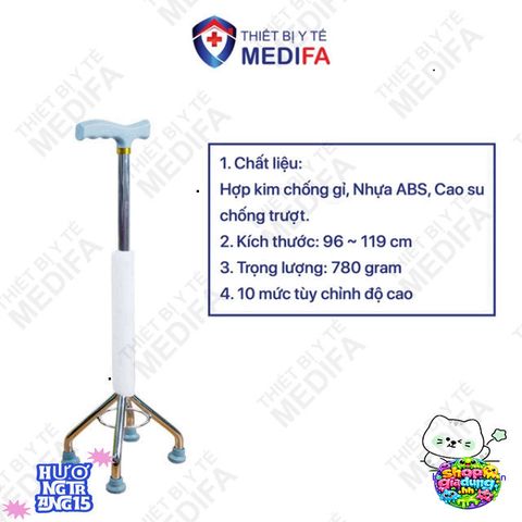 Gậy Chống Lucass BK32 Cho Người Già - Gậy Tập Đi 4 Chân Dễ Điều Chỉnh, Chất Liệu Hợp Kim Mạ Crom Chống Trơn Trượt