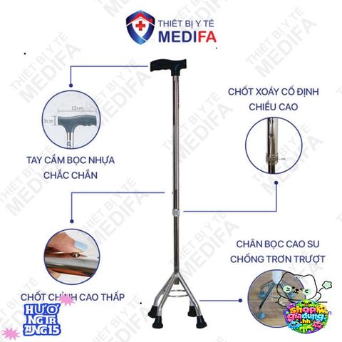 Gậy Chống Lucass BK32 Cho Người Già - Gậy Tập Đi 4 Chân Dễ Điều Chỉnh, Chất Liệu Hợp Kim Mạ Crom Chống Trơn Trượt