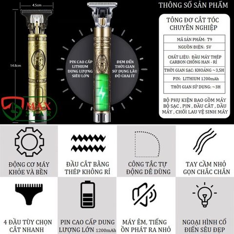Tông Đơ Cắt Tóc Chuyên Nghiệp T9 Hình Phật - Máy Cắt Tóc Nam Cao Cấp, Bảo Hành Chính Hãng 3 Tháng, Đổi Mới 30 Ngày