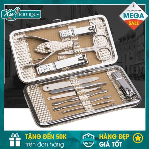 Bộ Dụng Cụ Chăm Sóc Móng Tay Cao Cấp 9 Món & 12 Món Màu Gold - Bấm, Cắt, Dũa, Lấy Ráy Tai, Que Nặn Mụn Sang Trọng, Tiện Lợi