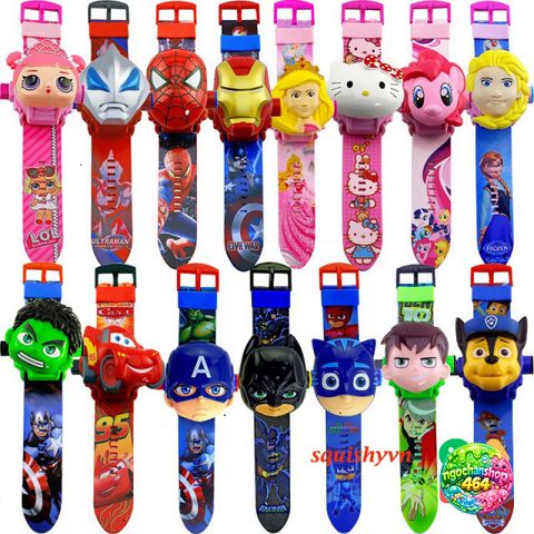 Đồng Hồ Kỹ Thuật Số Trẻ Em - Pin Lật Hình Hoạt Hình Bạch Tuyết, Iron Man, Spiderman - Đồng Hồ Chiếu LED Thể Thao Cho Bé