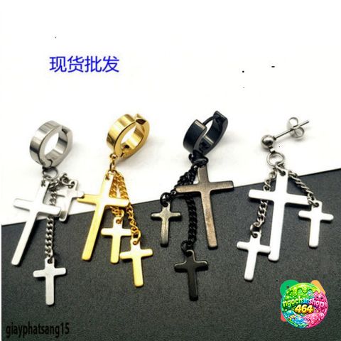 Khuyên tai BTS Dây Xích Treo 3 Thánh Giá - Bông Tai Titan Không Gỉ Đen Bạc Cho Nữ & Nam, Kẹp Tai Không Bấm Lỗ