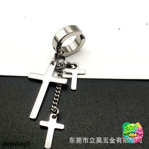 Khuyên tai BTS Dây Xích Treo 3 Thánh Giá - Bông Tai Titan Không Gỉ Đen Bạc Cho Nữ & Nam, Kẹp Tai Không Bấm Lỗ