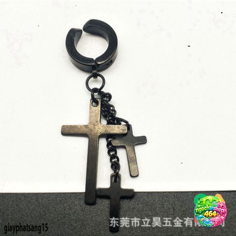 Khuyên tai BTS Dây Xích Treo 3 Thánh Giá - Bông Tai Titan Không Gỉ Đen Bạc Cho Nữ & Nam, Kẹp Tai Không Bấm Lỗ