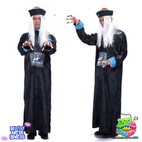 Bộ Trang Phục Cương Thi Thầy Pháp Sư Halloween - Áo Khoác, Mũ Đuôi Sam & Móng Tay Giả - Lễ Hội Hóa Trang Độc Đáo