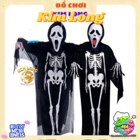Bộ Trang Phục Hóa Trang Halloween Bộ Xương 3 Món - Áo Choàng, Găng Tay, Mặt Nạ Dành Cho Trẻ Em và Người Lớn