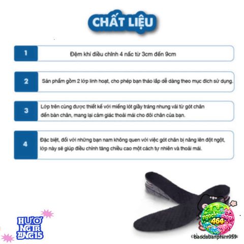 Lót Giày Tăng Chiều Cao Đệm Khí Cao Cấp - Thoáng Mát, Kháng Mùi, Phù Hợp Cho Nam Nữ, Điều Chỉnh 3-9cm