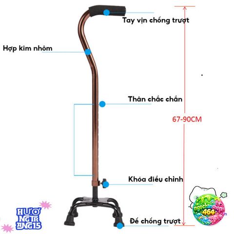 Gậy Chống 4 Chân Nhôm Chắc Chắn - Gậy Hỗ Trợ Đi Lại Cho Người Già, Điều Chỉnh Cao Thấp Từ 67-90cm, Batoong Chống Trượt Ổn Định