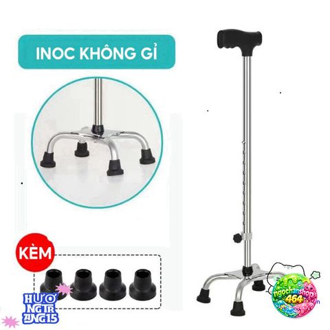 Gậy Chống 4 Chân Nhôm Chắc Chắn - Gậy Hỗ Trợ Đi Lại Cho Người Già, Điều Chỉnh Cao Thấp Từ 67-90cm, Batoong Chống Trượt Ổn Định