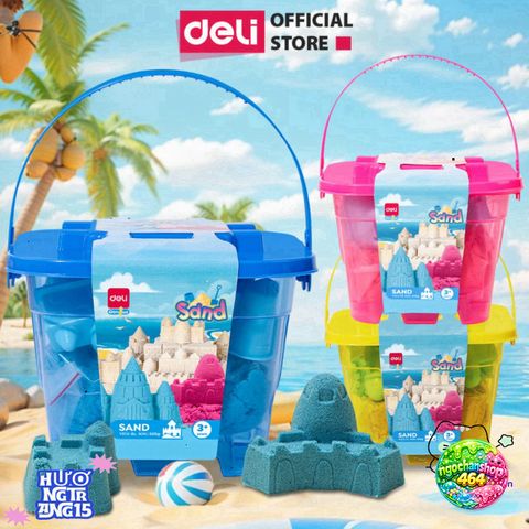Bộ Chơi Xô Cát Động Lực Deli 500g với 6 Khuôn - Đồ Chơi Sáng Tạo Cho Trẻ Em Từ 3 Tuổi - Màu Xanh, Hồng, Vàng