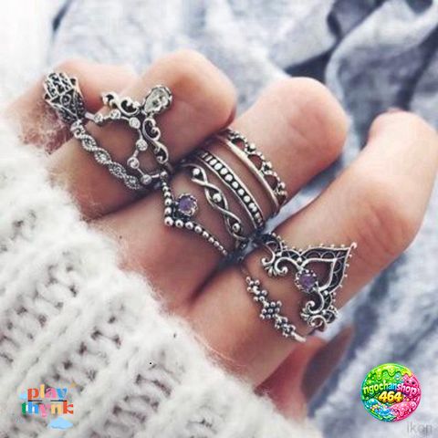 Bộ 10 Nhẫn Vintage Chạm Khắc Đẹp - Trang Sức Đính Đá Quý Opal, Quà Tặng Độc Đáo Cho Nữ Giới