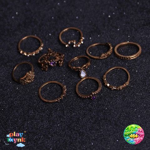 Bộ 10 Nhẫn Vintage Chạm Khắc Đẹp - Trang Sức Đính Đá Quý Opal, Quà Tặng Độc Đáo Cho Nữ Giới