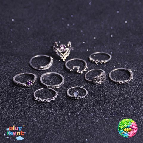 Bộ 10 Nhẫn Vintage Chạm Khắc Đẹp - Trang Sức Đính Đá Quý Opal, Quà Tặng Độc Đáo Cho Nữ Giới