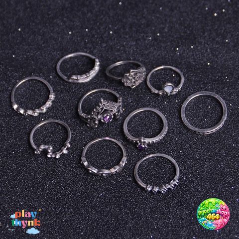 Bộ 10 Nhẫn Vintage Chạm Khắc Đẹp - Trang Sức Đính Đá Quý Opal, Quà Tặng Độc Đáo Cho Nữ Giới
