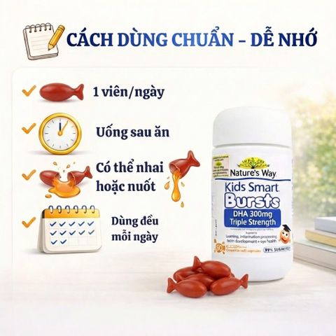Viên Nhai Bổ Sung DHA Cho Trẻ Em Nature’s Way Kids Smart Bursts 300mg Triple Strength - Hương Vị Trái Cây, Dinh Dưỡng Hằng Ngày