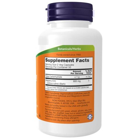 NOW Foods Slippery Elm 400 mg - Viên Uống Hỗ Trợ Tiêu Hóa Tự Nhiên 100 Viên - Vegan, Không Gluten, Bảo Vệ Dạ Dày & Ruột