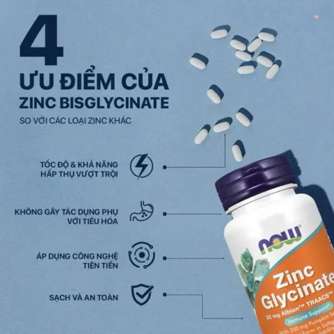 Viên Uống Kẽm NOW Zinc Glycinate 30mg – Hỗ Trợ Miễn Dịch, Giúp Da Khỏe Mạnh, Dạng Viên Nang Dễ Uống 120 Viên