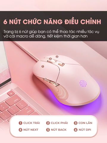 Chuột Gaming Có Dây BAK B8 - Chuột Im Lặng 6 Nút 8800 DPI Cho Game Thủ Nữ, Thiết Kế Đẹp Màu Sắc Tươi Tắn