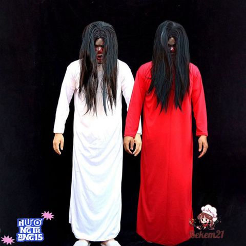 Bộ Trang Phục Cương Thi Áo Nhung Đỏ và Tóc Giả Huyền Bí - Trang Phục Halloween Đẹp Mê Ly cho Tiệc Tùng và Cosplay