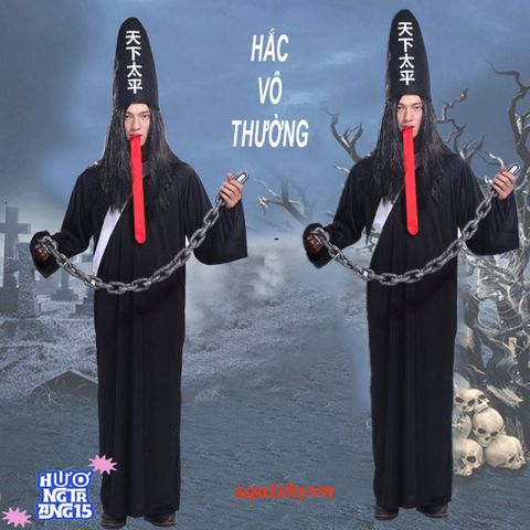 Bạch Vô Thường Halloween Costume - Bộ Trang Phục Thầy Pháp Bao Gồm Mặt Nạ và Tóc Giả - Trang Phục Độc Đáo Cho Tiệc Hóa Trang