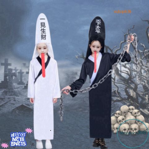 Bộ Trang Phục Halloween Cương Thi - Bạch Vô Thường với Mặt Nạ, Tóc Nhân Tạo và Đồ Trang Trí Hắc Ám Thú Vị