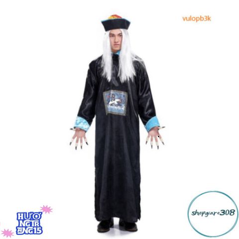 Bộ Trang Phục Halloween Cương Thi - Bạch Vô Thường với Mặt Nạ, Tóc Nhân Tạo và Đồ Trang Trí Hắc Ám Thú Vị